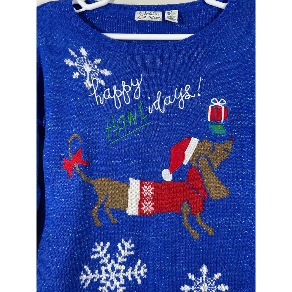 Isabella's Closet Blue Happy Howlidays Dachshund Sparkle Sweater Large - Picture 2 of 12